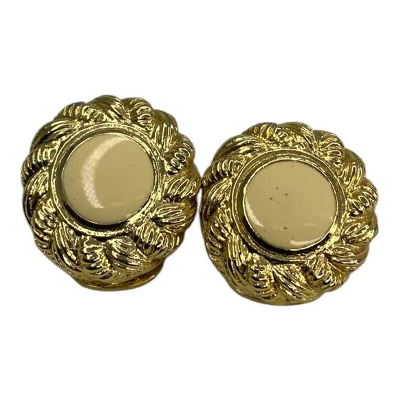 Vintage Beige Enamel Clip On Gold Tone Earrings - Picture 1 of 6